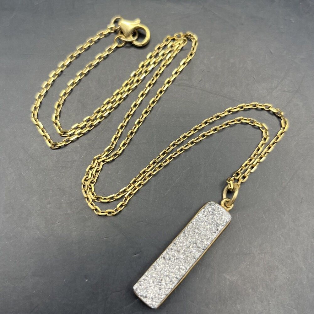 Silver Druzy Pendant Necklace Gold Filled Chain Boho Rectangle Bar Shape 18 Inch